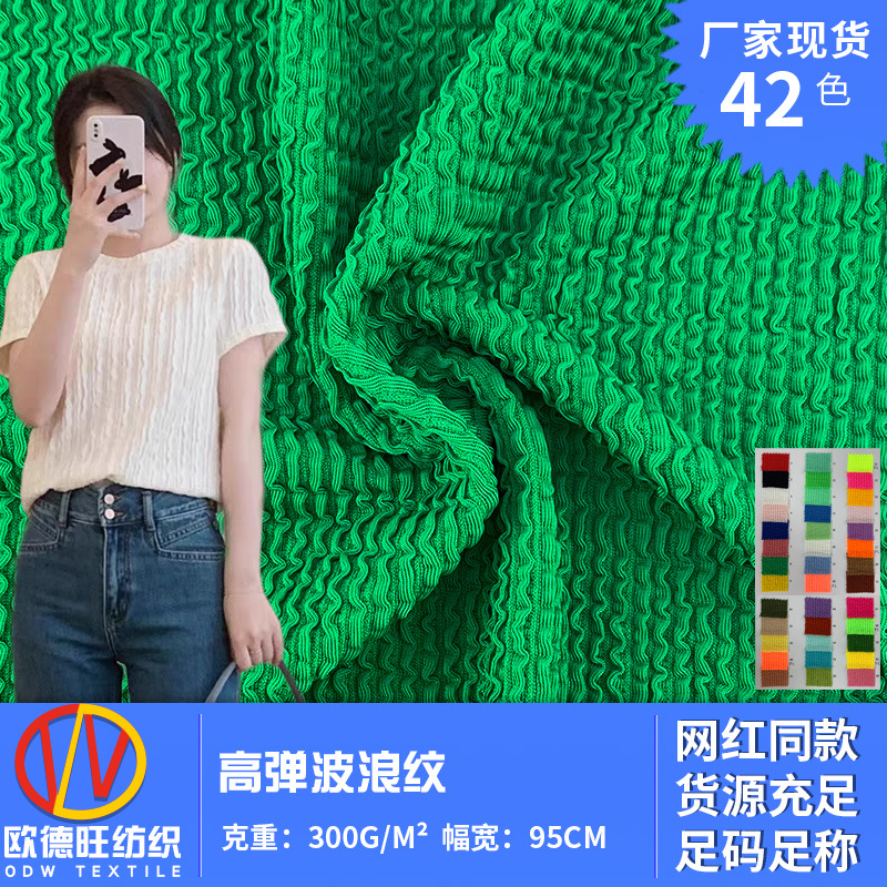高弹波浪纹 小众休闲肌理感圆领短袖布料 300g厚款时尚针织面料