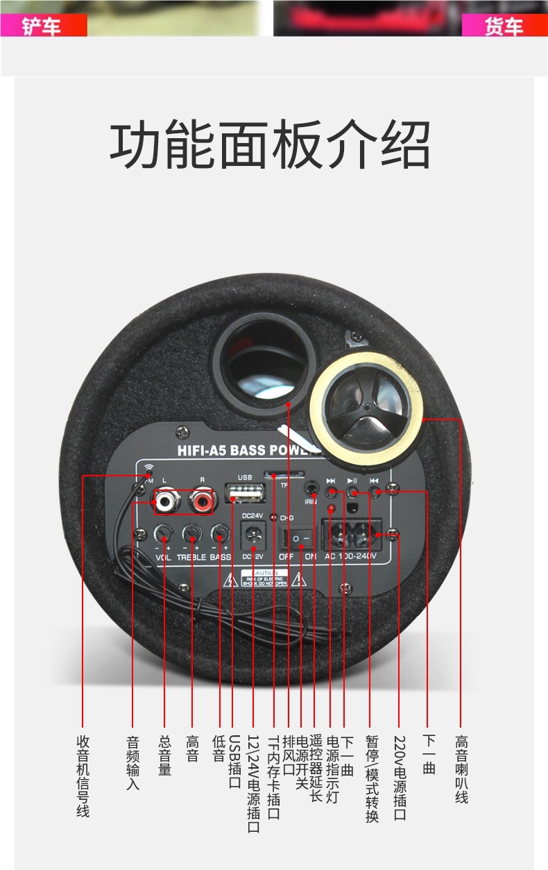 Car-Mounted High-Power Subwoofer with Radio, Bluetooth Speaker, Home-Use Voice Announcement Speaker