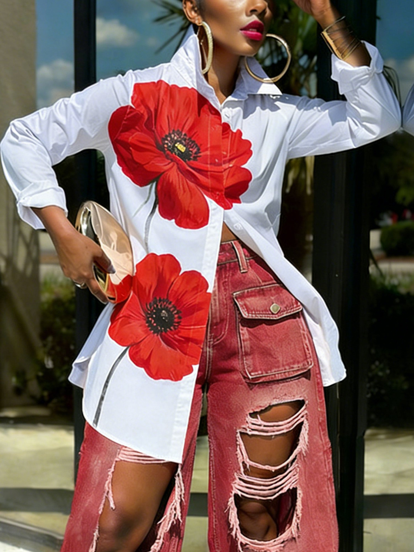 Women's Clothing Spring/Summer Women's Large Red Floral Print Collared Shirt Long Sleeve Loose Fit Mid Length Style Top_ecoleips.com