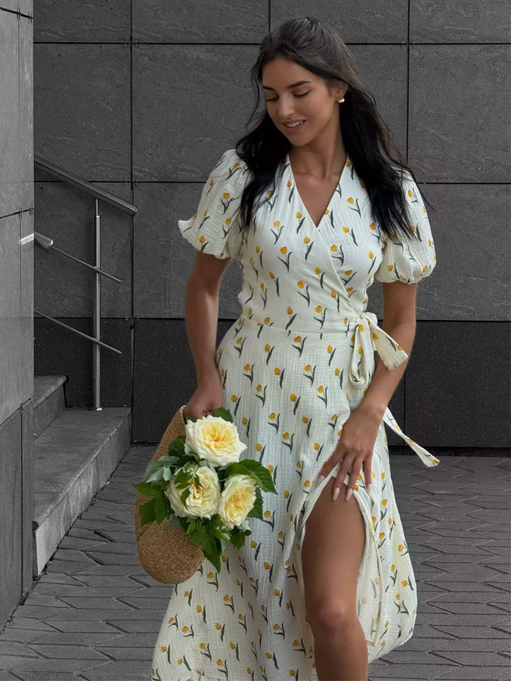 Đầm liền cotton in hoa cổ chữ V tay bồng buộc dây lưng cao — Hoa oải hương, Hoa tulip màu hồng, Màu be, Màu hồng chi tiết 77