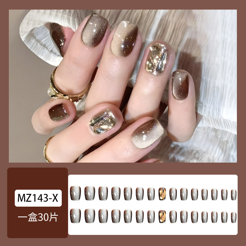 24 piezas de mirad marrón ojo de gato usar uñas cortas cuadradas estallando lámina de oro brillante uñas falsas parches de uñas marrón dorado blanco image 7