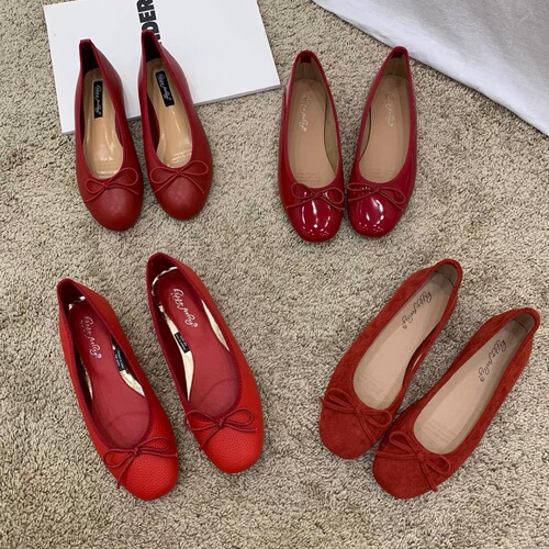 happyfeeling bow shallow flat small red single shoes women's shoes 2024 new ballet shoes
