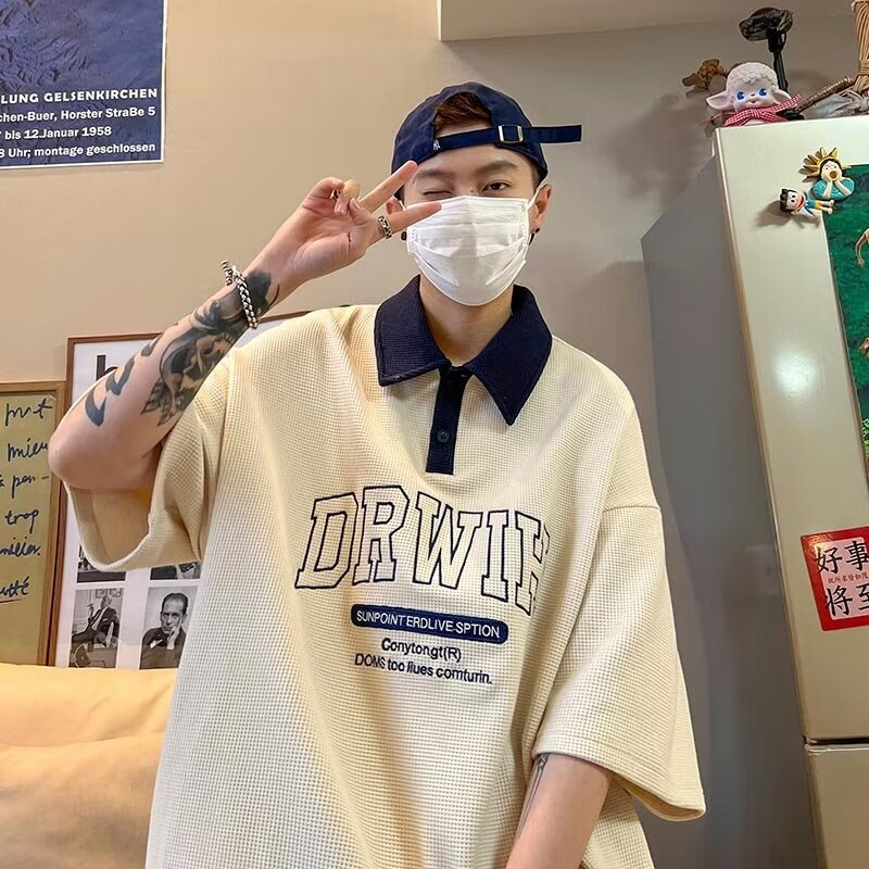 Summer Boys' Short-Sleeve Polo Shirt Top Ins Hong Kong Style Waffle Collar T-Shirt Trendy Brand Loose Youth Half-Sleeve