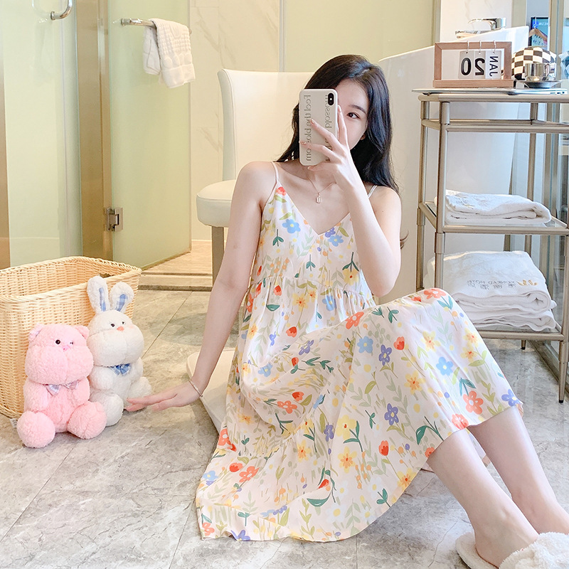 Summer Sling Nightgown Women's Sexy Thin Faux Cotton Silk Home Clothes Korean Style plus size High-grade Cotton Silk Nightgown