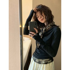 【Hers】一勺甜 黑色蕾丝荡领长袖打底衫女2025秋季休闲上衣92099