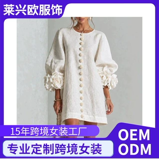 2026亚马逊独立站法式立体花朵灯笼袖棉麻连衣裙