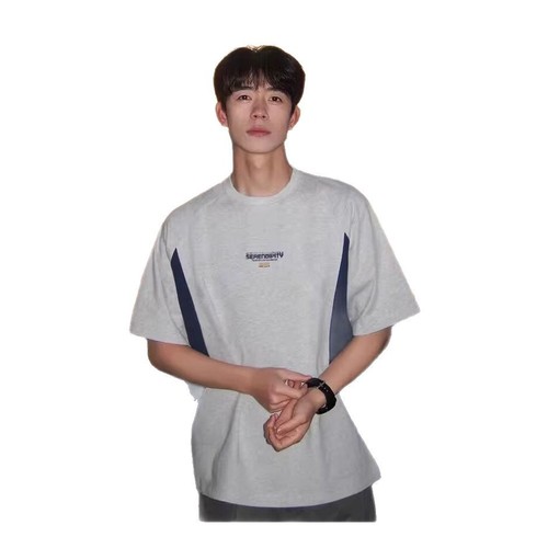 Trendy fashion brandless American retro heavy pure cotton patchwork color-blocking men's T-shirt with a charming, lazy, Japanese-style vibe