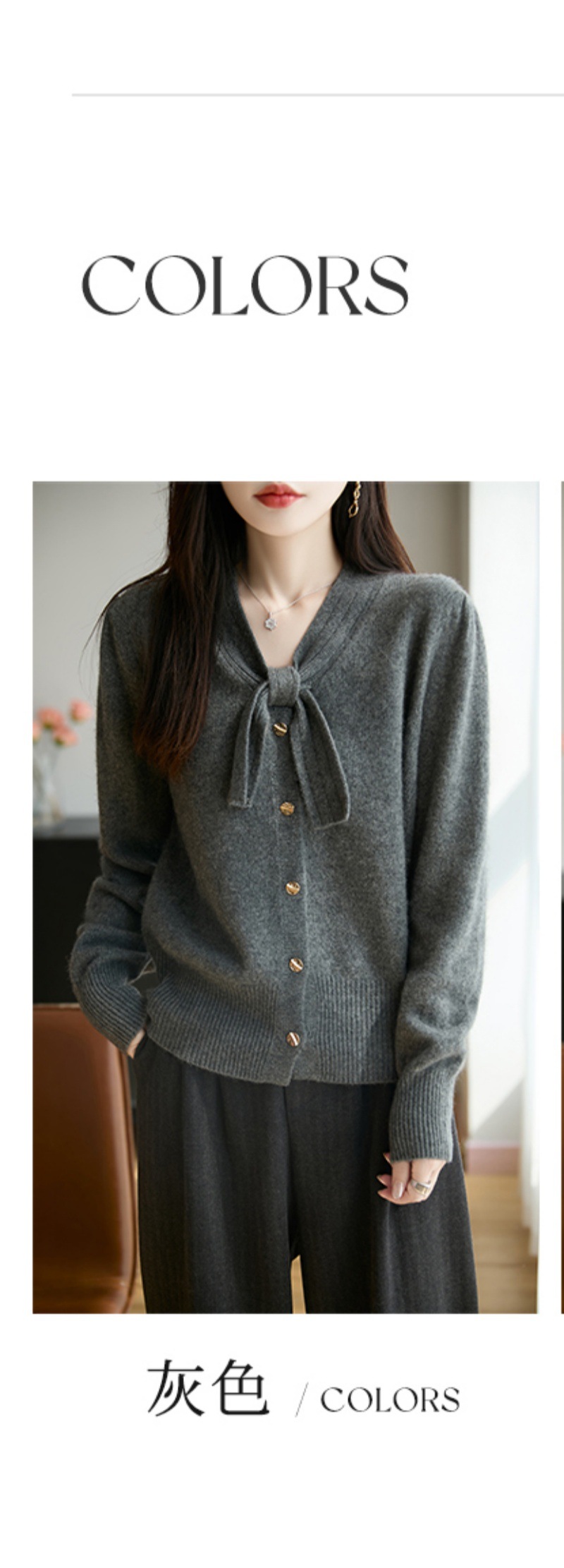 Áo cardigan nữ tay dài nơ bướm dáng rộng — màu xám chi tiết 6
