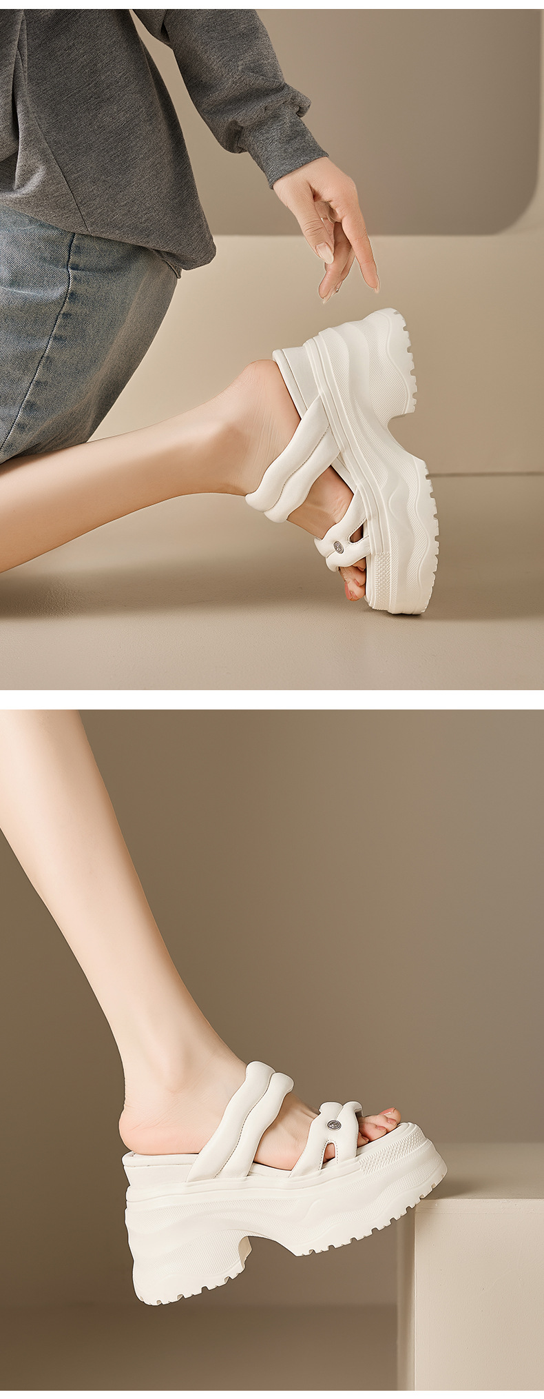 Sandal cao gót nữ đế dày 12cm quai ngang da thật phong cách thể thao — Trắng kem-Da bò, Đen-Da cừu chi tiết 6