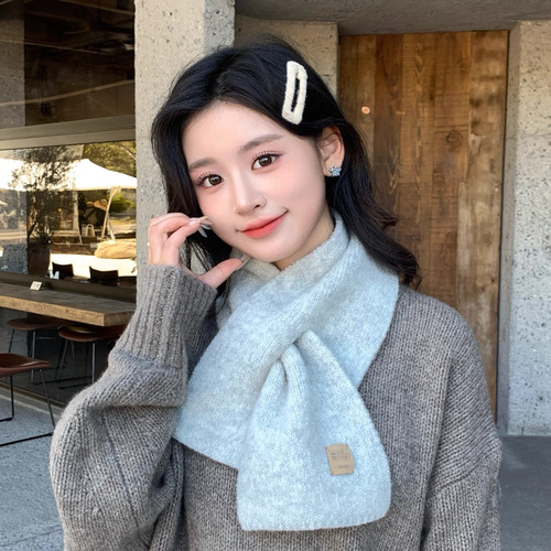 Korean-style knitted yarn solid color scarf for women, autumn and winter ambiance, cross narrow type small scarf, student versatile warm