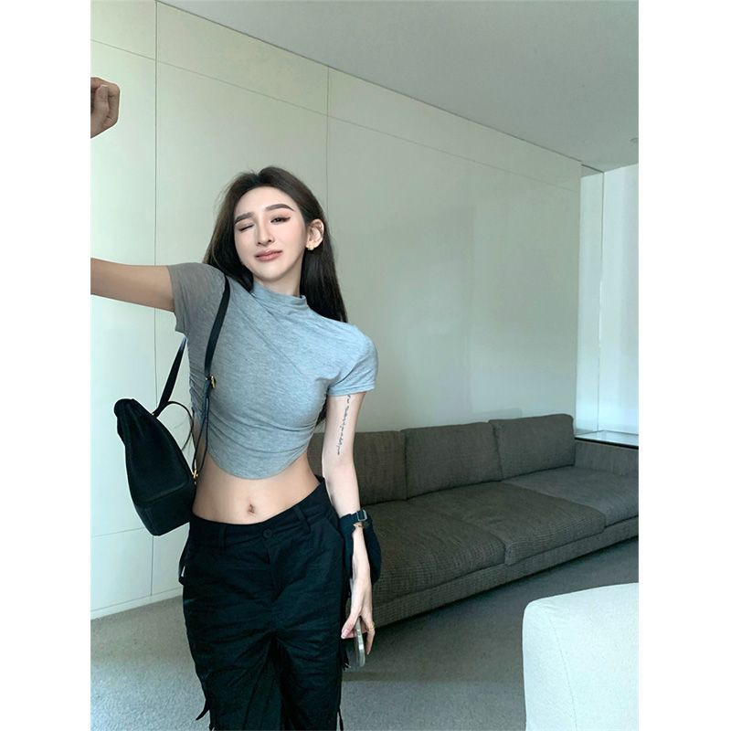 여름 짧은 오른쪽 어깨 슬리밍 반팔 티셔츠 여성 순수한 욕망 분위기 하이 웨이스트 노출 배꼽 달콤하고 매운 타이트 탑