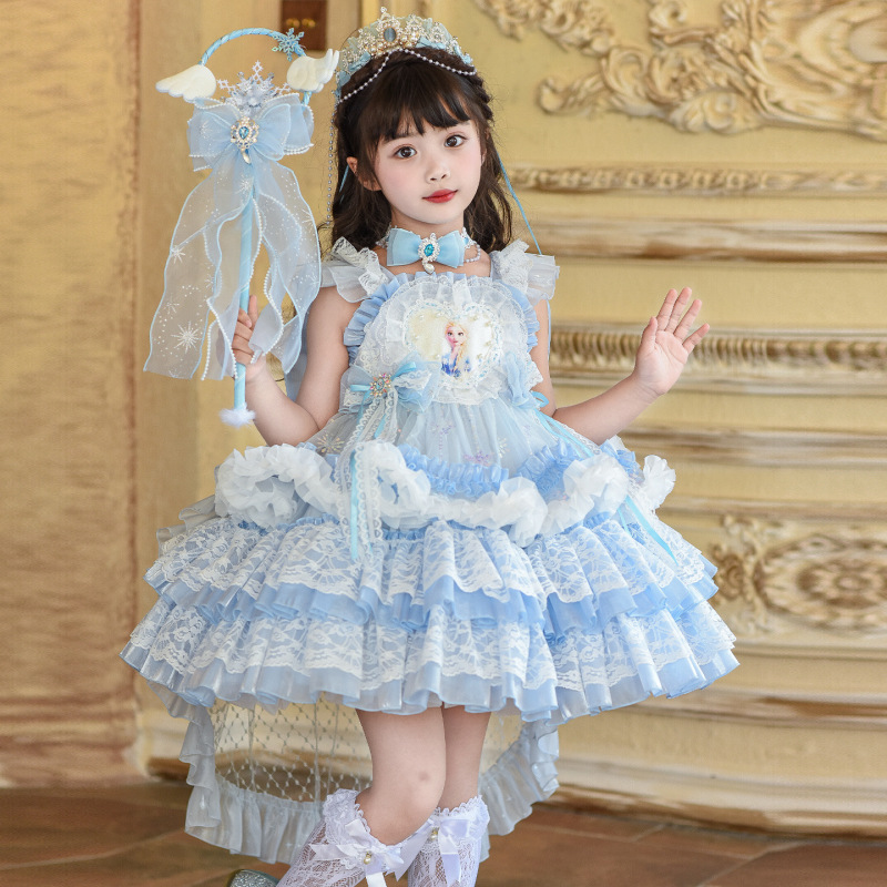 Girls' Summer Lolita Princess Dress with Trailing Skirt, High-End Birthday Gown, Puffy Dress, Frozen-Themed