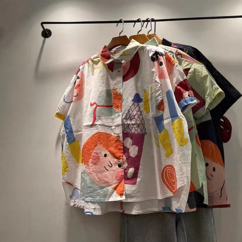 Children's Fun Graffiti Printed Short-Sleeved Shirt 2025 Literary Simple Lapel Single-Breasted Cute Versatile Loose Top