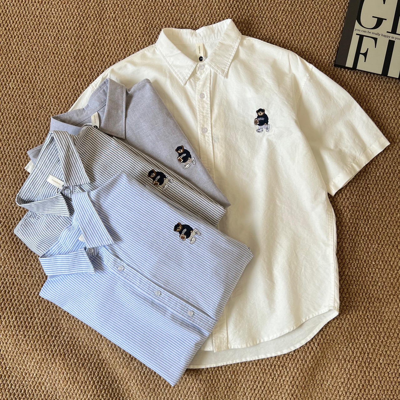 2025 Summer New Men's Short-sleeved Shirt Striped Korean Striped Bear Embroidered Shirt Simple Clear for Boys