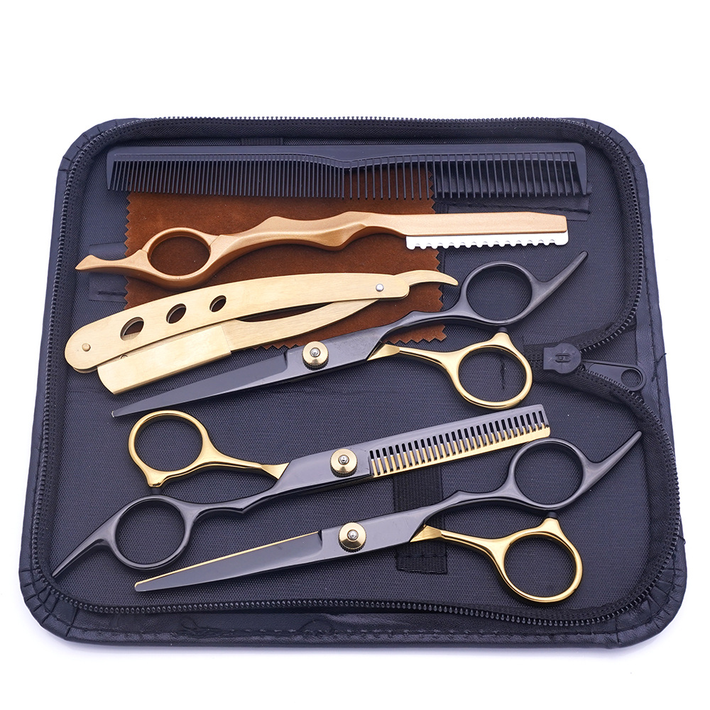 Fábrica directa de tijeras de corte de pelo de oro negro, tijeras de corte de pelo planas especiales, tijeras de corte de pelo delgadas, set de tijeras de corte de pelo domésticas