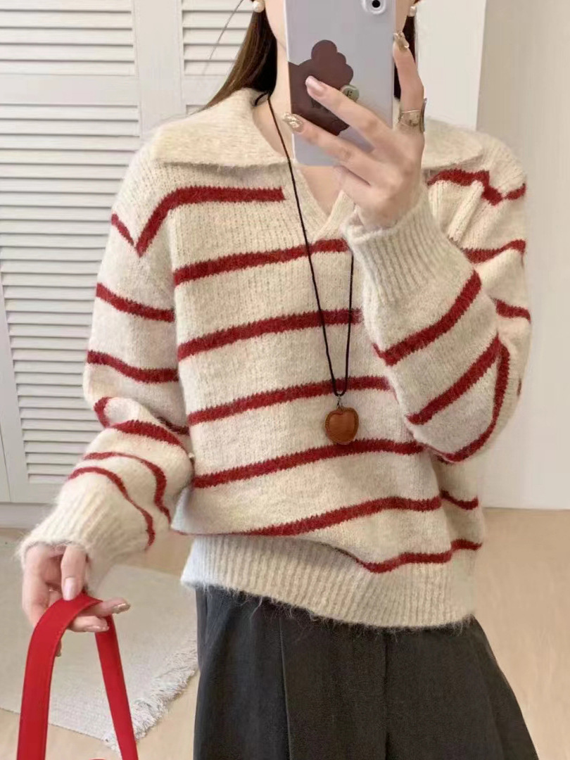 Suéter coreano con solapa para mujeres otoño y invierno nuevo estilo simple con rayas de contraste de color perezosas versátiles sueltas camisetas de punto transfronterizas image 3