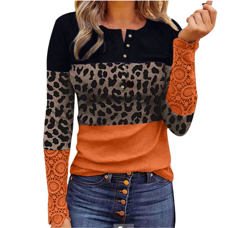 Amazon Lace Long Sleeve Pit Stitch-type round collar leopard print for women's T-shirt