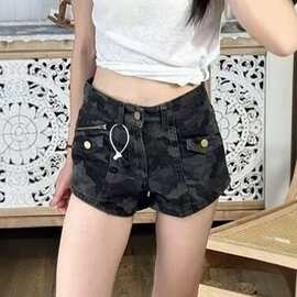 迷彩牛仔短裤女2026夏季新款美式辣妹高腰显瘦宽松百搭大码牛仔裤