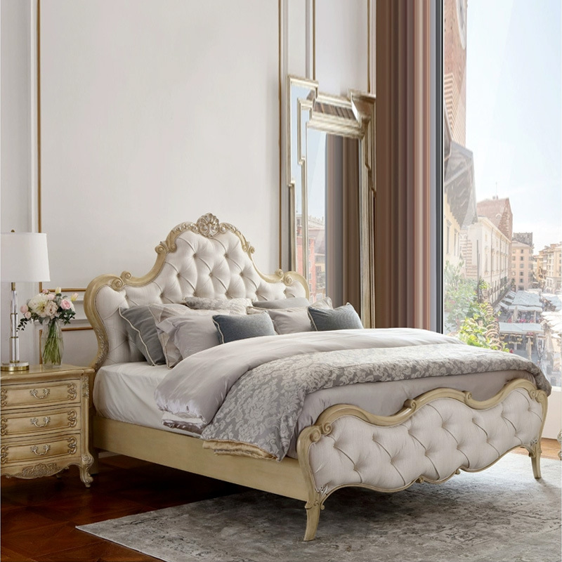 French Vintage Mahogany Linen Princess Bed English Carved Gold-Plated Palace Bedside Cabinet Simple Dresser Set 