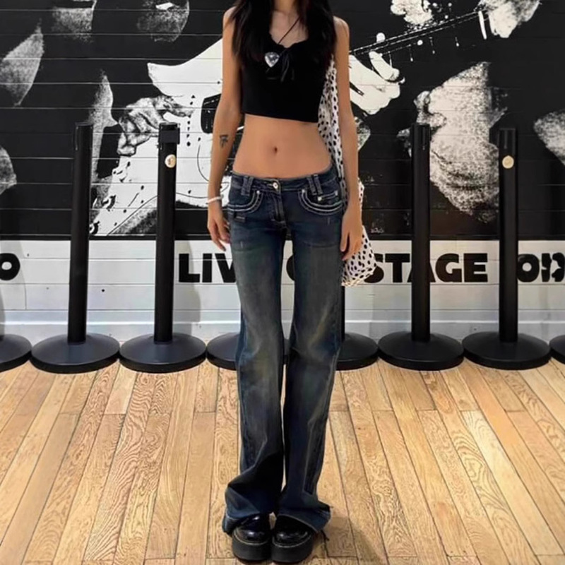 European and American Retro Washed Blue Jeans Children's 2025 Spring Y2K Millennium Style Hot Girl Low Waist Skinny Trousers