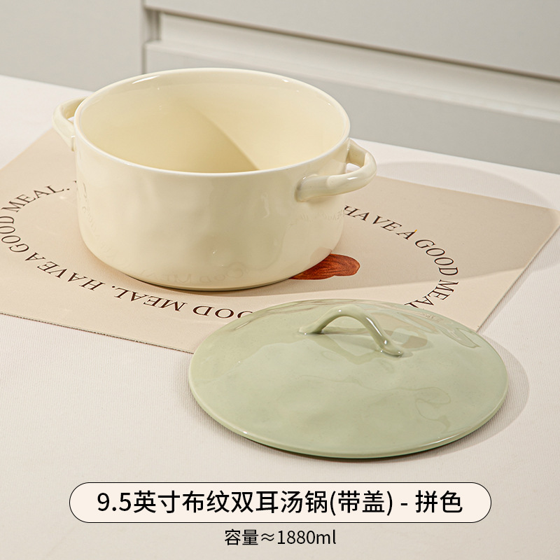 Olla grande de cerámica estilo japonés de lujo ligero, estilo crema, para sopa, fideos instantáneos, tazón grande para sopa, vajilla de cerámica