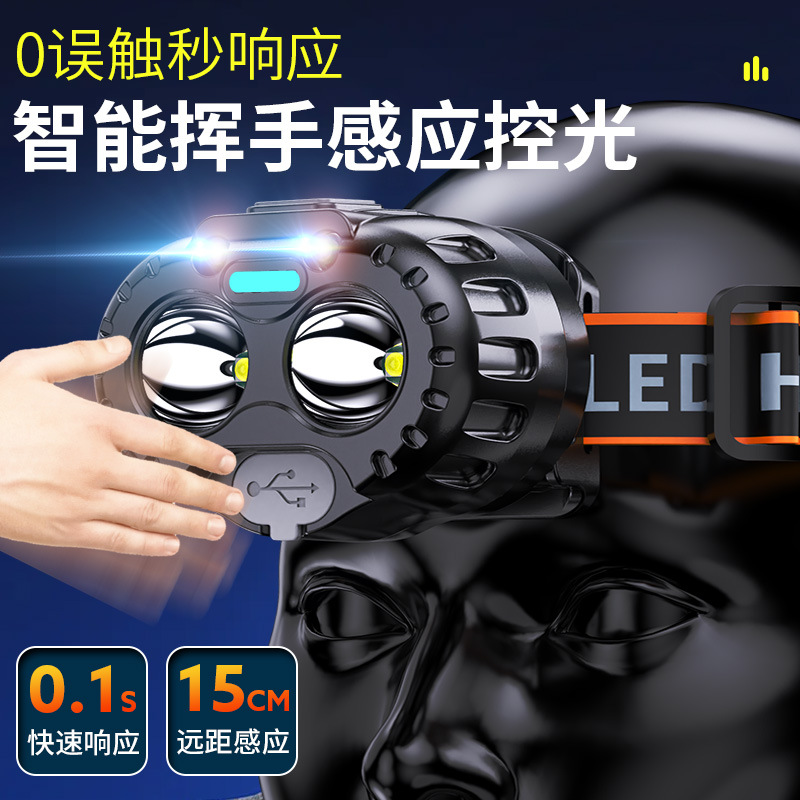 Faros de pesca nocturna transfronterizos, batería de larga duración, faros de inducción de fuente de luz dual, mini faros de pantalla de carga rápida montados en la cabeza