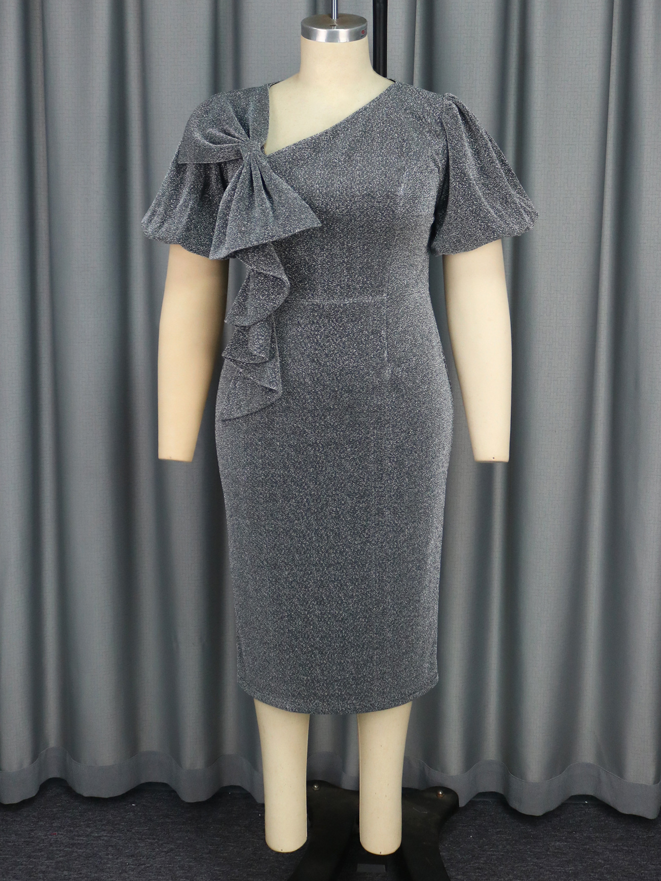 Spring Summer Bow Puff Sleeve Dress Party Nightclub Black Silver Hip Dress