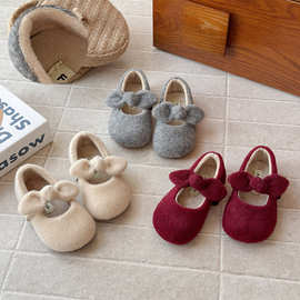 ins法式毛毡勃肯鞋2025秋冬季新款韩版女童蝴蝶结公主鞋加绒棉鞋