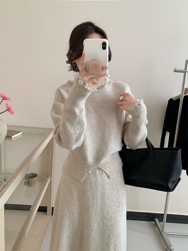 2025秋冬新款复古高级感软糯开叉花边长袖毛衣女+高腰针织半身裙|undefined