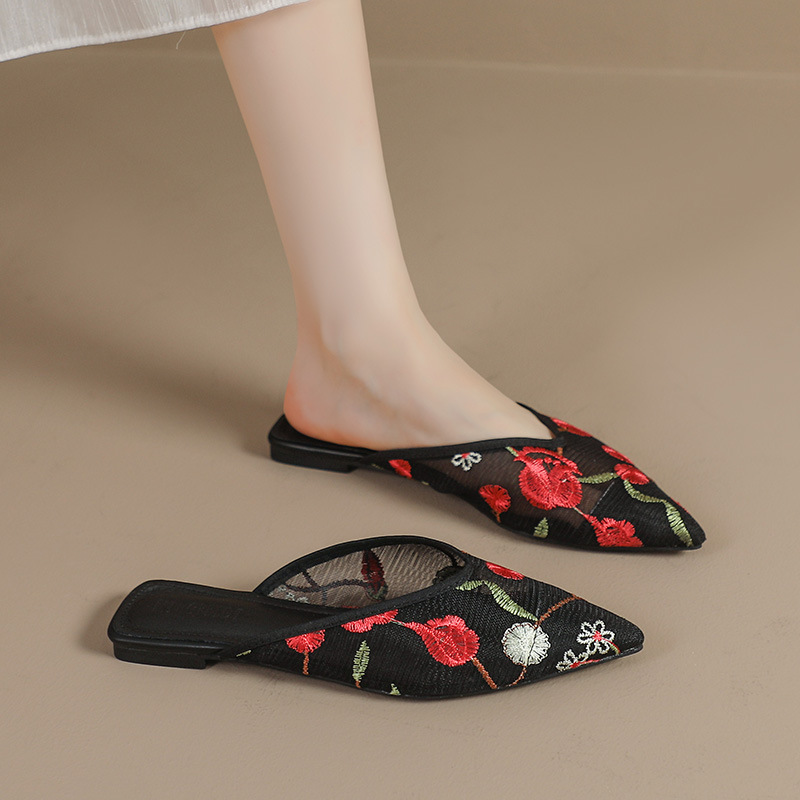 Zapatillas de malla hueca para mujeres de verano, zapatillas de punta de estilo nacional 2024 nuevas zapatillas de mujer frías con una cabeza plana y media zapatillas image 7