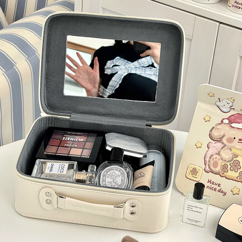 Liebre bolsa de maquillaje portátil de gran capacidad portátil para mujeres 2024 nuevo tipo con espejo engrosado caja de almacenamiento de productos de cuidado de la piel a prueba de agua