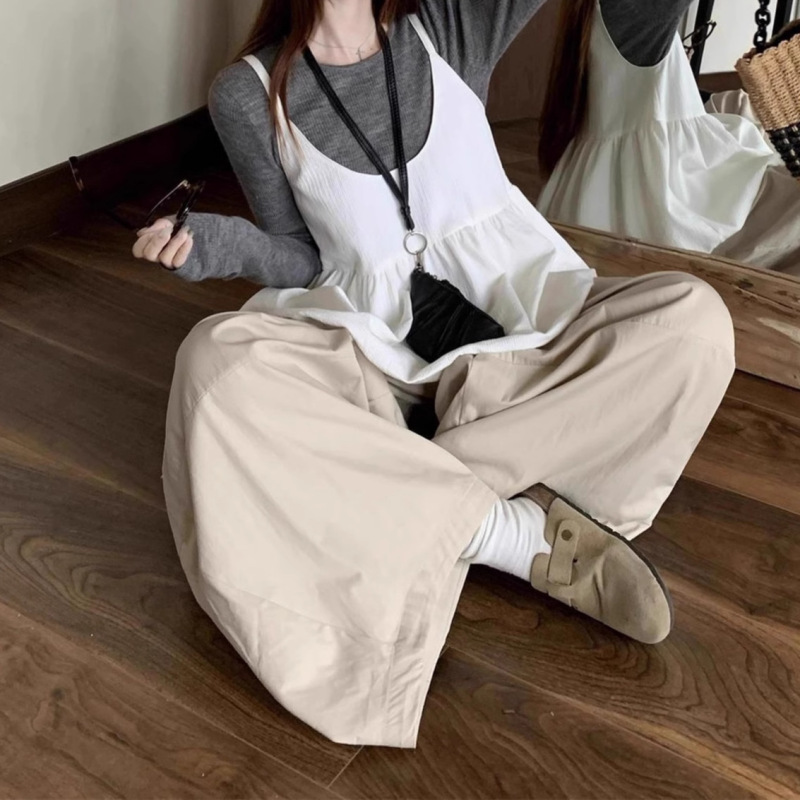 甜美叠穿蓬蓬花苞吊带背心针织衫阔腿哈伦裤女2025秋季时尚套装潮|undefined