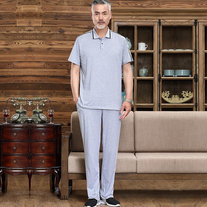 Verano nuevo estilo traje deportivo de mediana edad y ancianos pantalones de manga corta para hombre camiseta cuello redondo vestido de papá ropa casual traje delgado