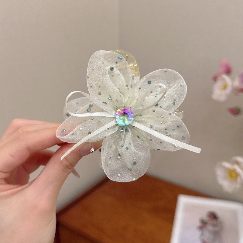 フレンチポルカドットレトロコントラストリボンリボンパールペンダント後頭部シャーククリップヘアピン女性用|undefined