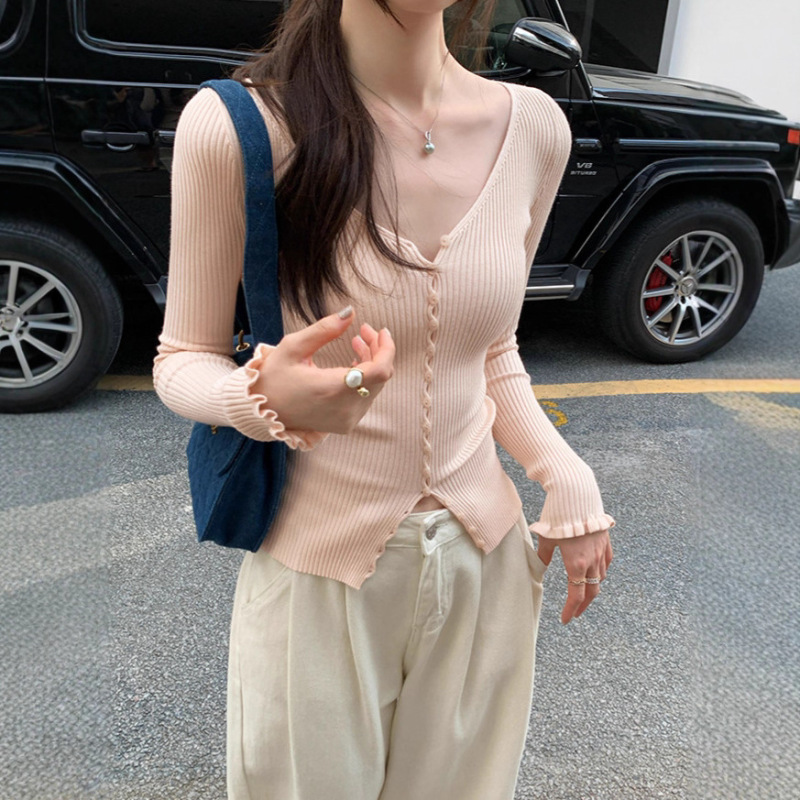 纯欲超好看粉色v领长袖针织衫女2025早秋新款韩系显瘦辣妹小上衣|undefined