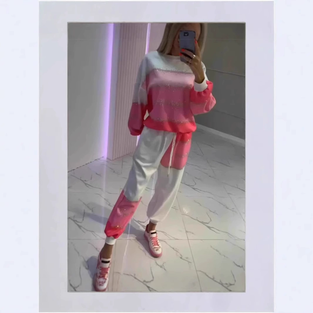 2025 Европа и США Новая независимая станция Amazon Женская повседневная пудра в полоску топ шнуровочные брюки набор из двух частей