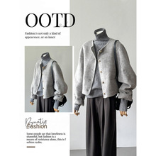 一整套初冬穿搭韩系复古小香风灰色毛呢外套叠穿高领针织毛衣套装