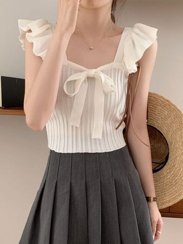 Bow-knot ear-edge knitted top  summer new style French slim solid color short camisole women's clothing