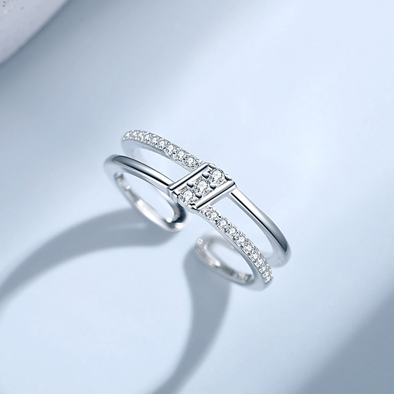 Anillo de mujer geométrica de doble capa de plata esterlina S925 estilo japonés y coreano estilo creativo Luz de lujo estilo diamante-incrustado anillo de dedo índice apertura ajustable