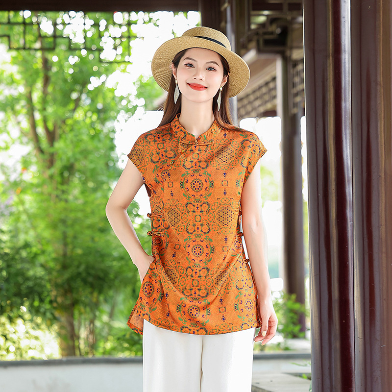 新しい中国風のレトロなボタン付き国民風半袖トップ、母親の服、レトロな薄手のシャツ、義母用のクールなトップ|undefined