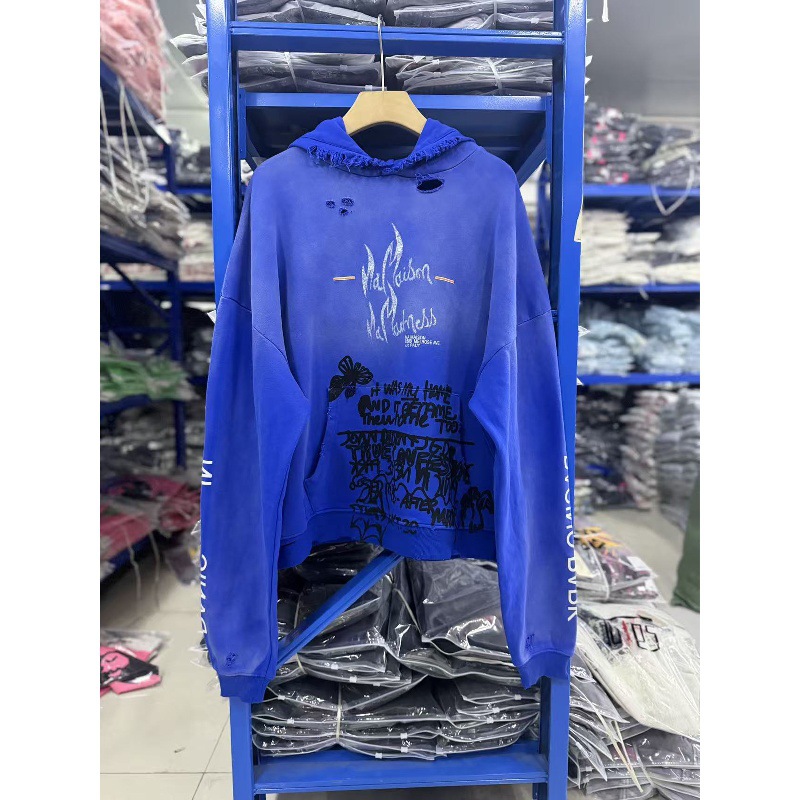 Paly Hollywood American-style graffiti letter print hoodie, vintage washed and distressed, with ripped details, loose-fitting outerwear for autumn