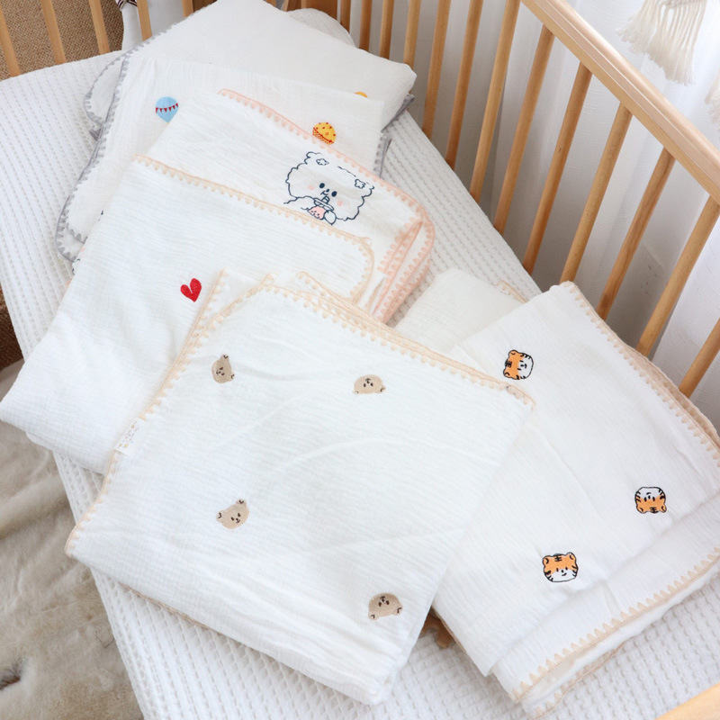 Children's Baby Summer Blanket Embroidered Pure Cotton Wrinkled Gauze Bean Velvet Blanket Shell Side Newborn Quilt Baby Swaddle