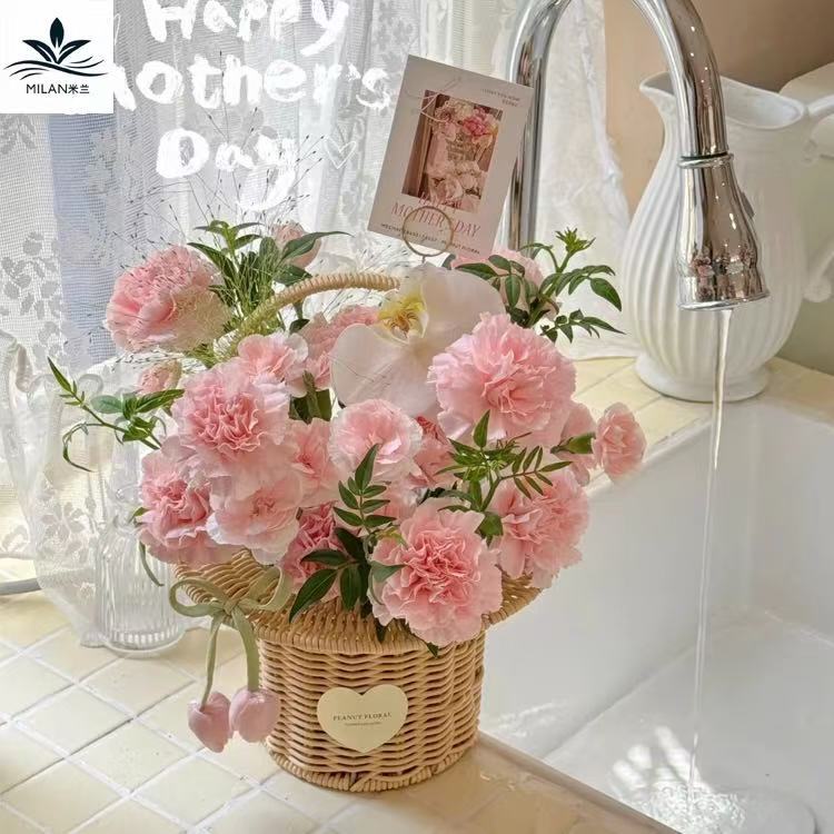 Día de la Madre cortesía canasta de flores tejida a mano canasta pastoral viento de caña tejida de mano canasta de flores salón de flores canasta de regalos