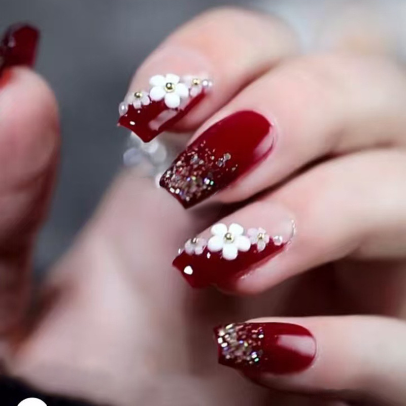 Broken Shiny Gold Beads Flower Wear Armor Red White Wedding Bride Holiday Nail Pieces Medium Long Ballet Armor False Nails