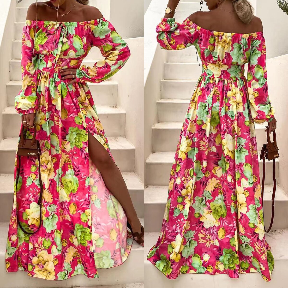 Vestido veraniego europeo y americano estilo bohemio de vacaciones 2025, con hombros descubiertos, acampanado, sexy y estampado. image 5