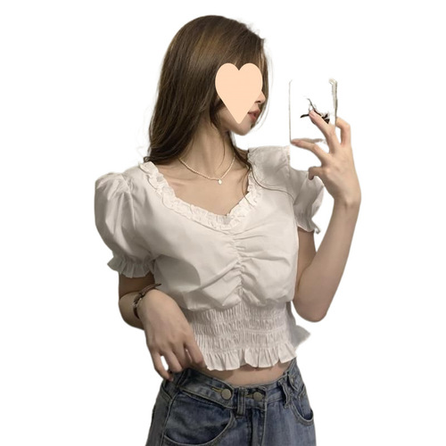 2025 Summer French Collar Puffed Sleeve Women's Design-Focused Waist Cinching Slimming Lotus Edge Short-Sleeve Top