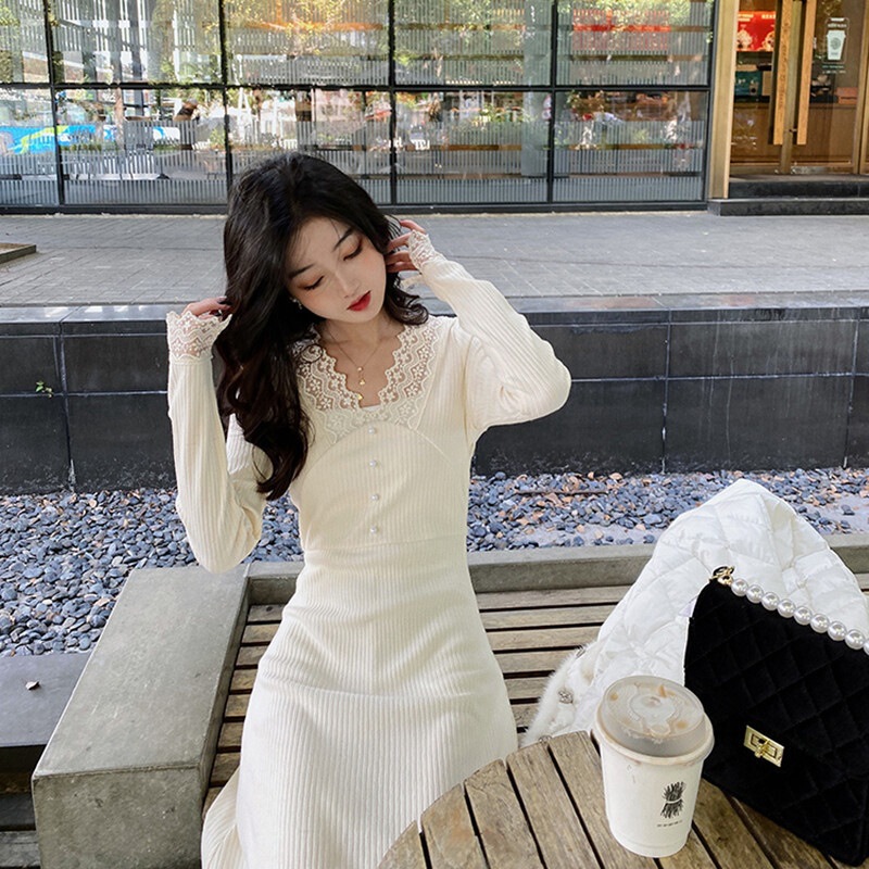 3045# Early Spring 2021 new white lace coat inner base sweater knitted dress Women's