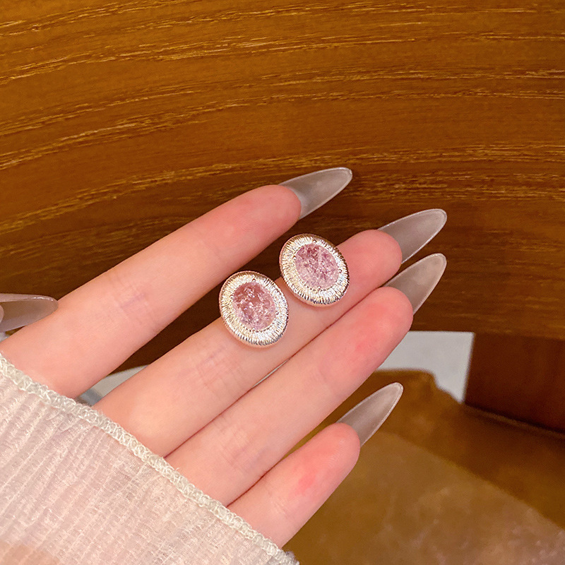 S925银针鸽子蛋粉色锆石耳环女法式轻奢气质高级感耳钉复古耳饰品|undefined