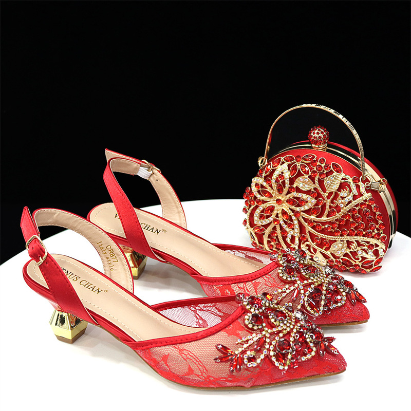 Pointed Lace Satin Diamond High Heels Wedding Shoes Matching Bag Mini Bag African Shoe Bag suit Combination