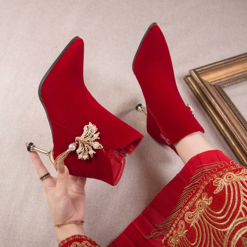 2024 осень новый модный винный красный китайский стиль свадебные туфли на высоких каблуках не устали ноги свадебные сапоги невесты Мартин сапоги